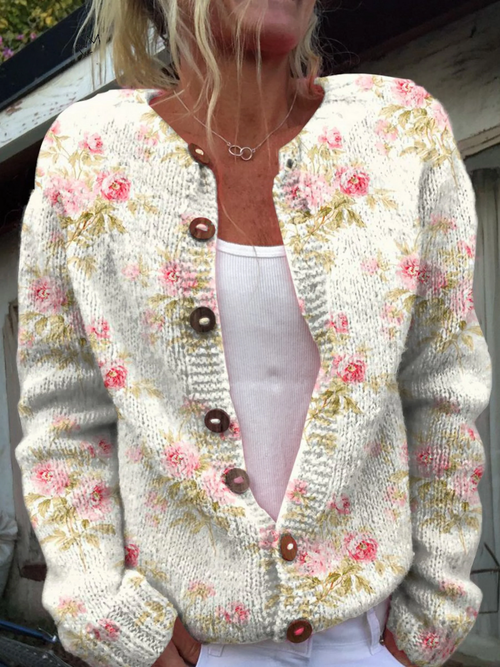 Fresh Pink Flowers and Green Leaves Print | Buttoned Cardigan Sweater