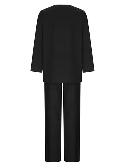Solid Color Loose Long Sleeve Round Neck Shirt Top + Drawstring Pants Two-Piece Set