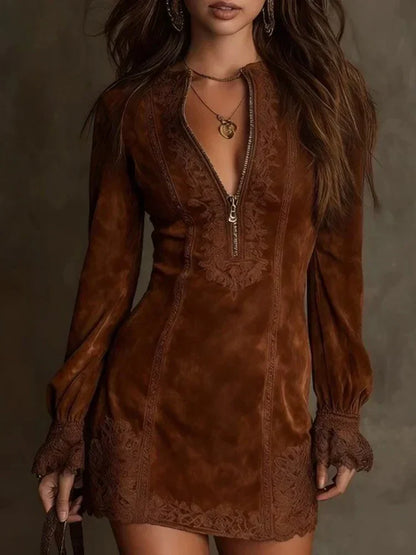 Short Suede Lace Dress Feminine & Sophisticated